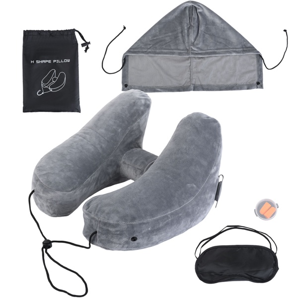 2er-Set Bequemes H-Form Reisekissen aufblasbar mit Kapuze, Nackenhörnchen-Set inkl. Augenmaske & Ohrstöpsel, ideal für Flugzeug & Auto, Grau, 35x32cm