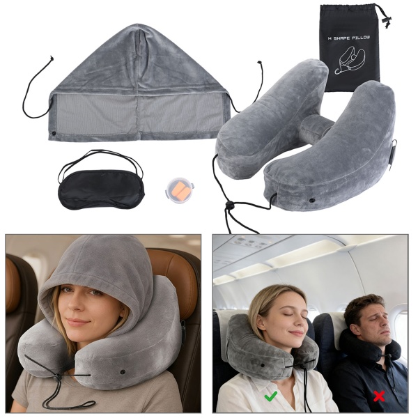 2er-Set Bequemes H-Form Reisekissen aufblasbar mit Kapuze, Nackenhörnchen-Set inkl. Augenmaske & Ohrstöpsel, ideal für Flugzeug & Auto, Grau, 35x32cm