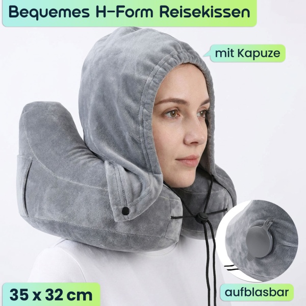 Bequemes H-Form Reisekissen aufblasbar mit Kapuze, Nackenhörnchen-Set inkl. Augenmaske & Ohrstöpsel, ideal für Flugzeug & Auto, Grau, 35x32cm
