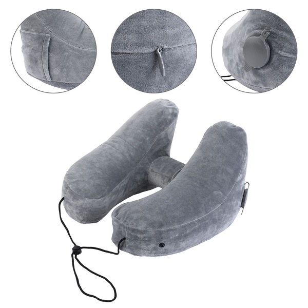 2er-Set Bequemes H-Form Reisekissen aufblasbar mit Kapuze, Nackenhörnchen-Set inkl. Augenmaske & Ohrstöpsel, ideal für Flugzeug & Auto, Grau, 35x32cm