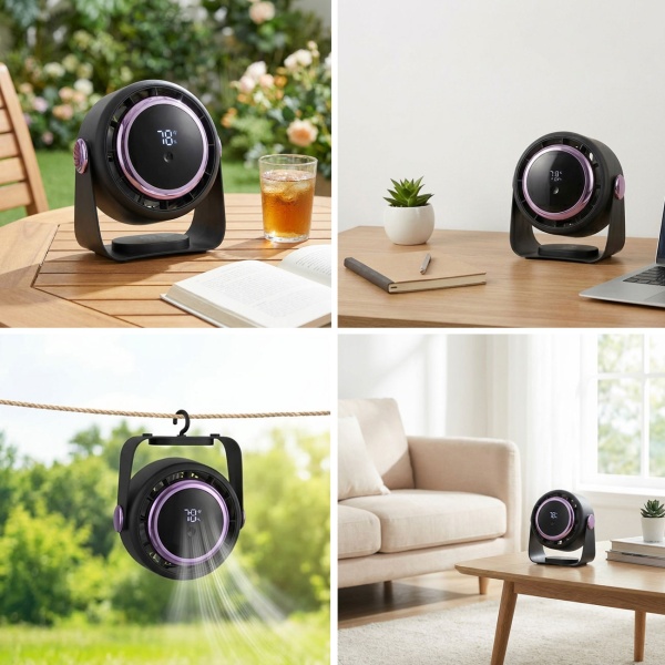 Akku Ventilator mit Digitalanzeige: Tischventilator, 5 Stufen, USB-C, tragbares Gebläse mit Haken - ideal für Home Office, Büro, Camping & Reisen