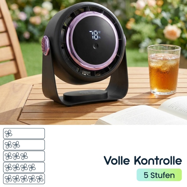 Akku Ventilator mit Digitalanzeige: Tischventilator, 5 Stufen, USB-C, tragbares Gebläse mit Haken - ideal für Home Office, Büro, Camping & Reisen