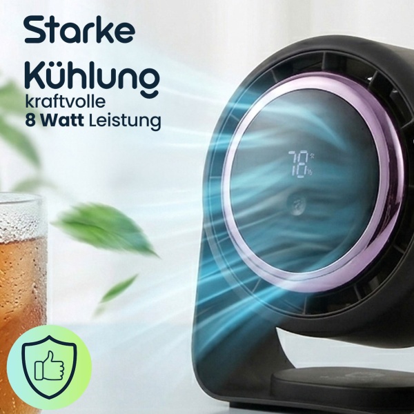 Akku Ventilator mit Digitalanzeige: Tischventilator, 5 Stufen, USB-C, tragbares Gebläse mit Haken - ideal für Home Office, Büro, Camping & Reisen