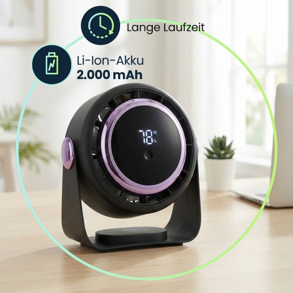 Akku Ventilator mit Digitalanzeige: Tischventilator, 5 Stufen, USB-C, tragbares Gebläse mit Haken - ideal für Home Office, Büro, Camping & Reisen
