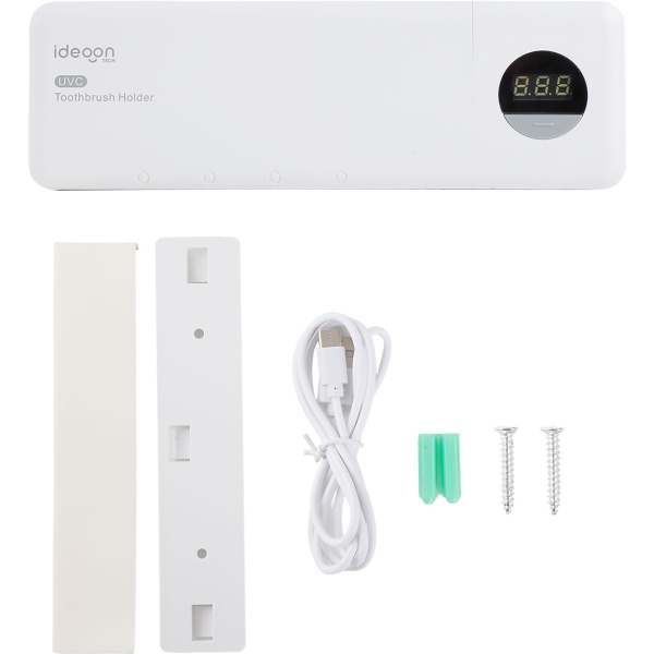 UV Zahnbürstenhalter: Hygienischer Sterilisator für 4 Bürsten, Wandmontage ohne Bohren, USB-Akku, LCD & Trocknung, weiss, 22cm