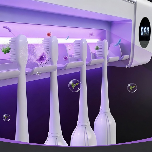 UV Zahnbürstenhalter: Hygienischer Sterilisator für 4 Bürsten, Wandmontage ohne Bohren, USB-Akku, LCD & Trocknung, weiss, 22cm