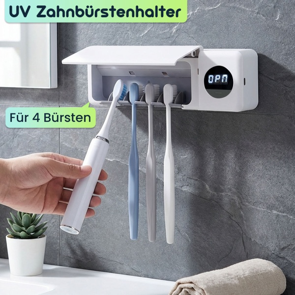 UV Zahnbürstenhalter: Hygienischer Sterilisator für 4 Bürsten, Wandmontage ohne Bohren, USB-Akku, LCD & Trocknung, weiss, 22cm