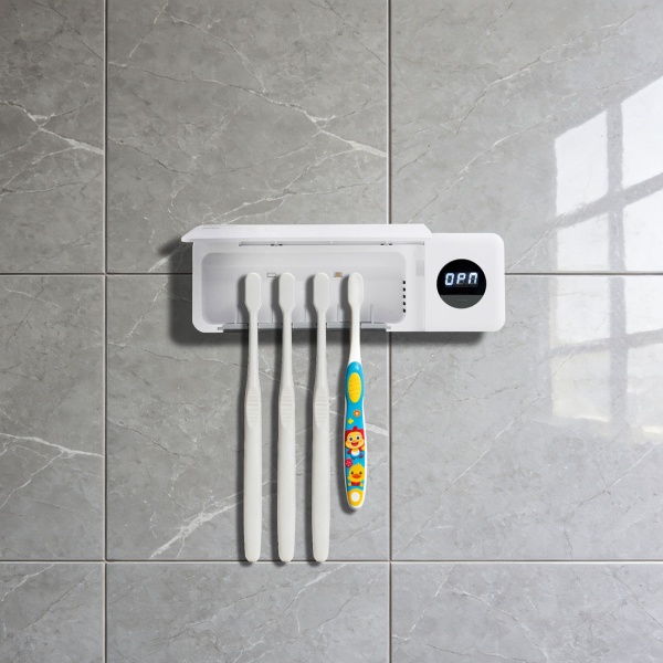 UV Zahnbürstenhalter: Hygienischer Sterilisator für 4 Bürsten, Wandmontage ohne Bohren, USB-Akku, LCD & Trocknung, weiss, 22cm