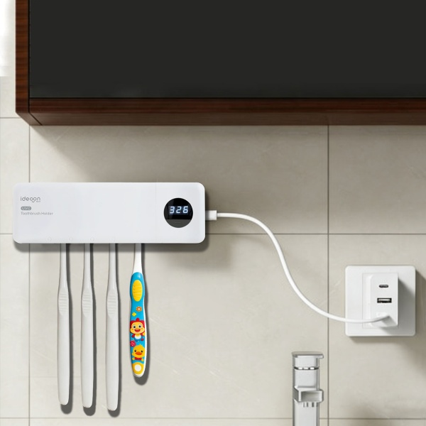UV Zahnbürstenhalter: Hygienischer Sterilisator für 4 Bürsten, Wandmontage ohne Bohren, USB-Akku, LCD & Trocknung, weiss, 22cm