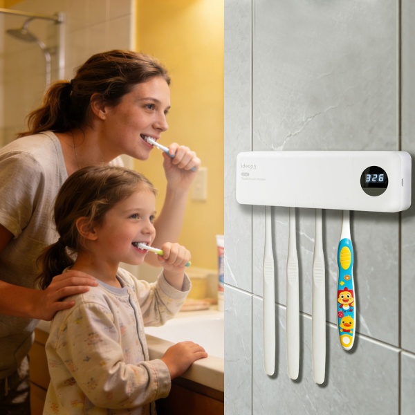 UV Zahnbürstenhalter: Hygienischer Sterilisator für 4 Bürsten, Wandmontage ohne Bohren, USB-Akku, LCD & Trocknung, weiss, 22cm