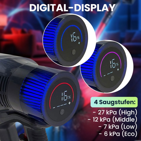 Zyklon Akku Boden-Staubsauger 27 kPa, 430W kabelloser Handstaubsauger mit HEPA Filter, LED Beleuchtung, Teleskoprohr und 4 Saugstufen, 0,7L Staubbehälter