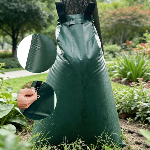 2er-Set Baum-Bewässerungssack 75L Wassersack für Bäume - UV- & Wetterbeständiger PE Wasserbeutel mit Reissverschluss & 2 Ösen - 9h Tröpfchenbewässerung