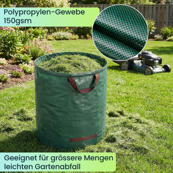 XXL Garten Abfallsack, 500 Liter, Ø 79 x 101 cm - stabile Grünschnittsäcke mit Doppelboden, faltbar, ideal für Grünschnitt, 150gsm Polypropylen
