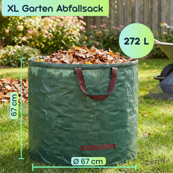 XL Garten Abfallsack, 272  Liter, Ø 67 x 76 cm - stabile Grünschnittsäcke mit Doppelboden, faltbar, ideal für Grünschnitt, 150gsm Polypropylen