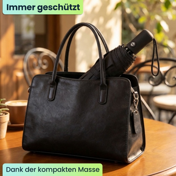 Kompakter Automatik-Regenschirm in Schwarz - Ø 95cm - Windfester Taschenschirm mit Fiberglas-Rippen & Schutzhülle - Schnelltrocknend & Robust