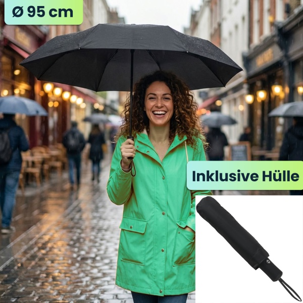 Kompakter Automatik-Regenschirm in Schwarz - Ø 95cm - Windfester Taschenschirm mit Fiberglas-Rippen & Schutzhülle - Schnelltrocknend & Robust