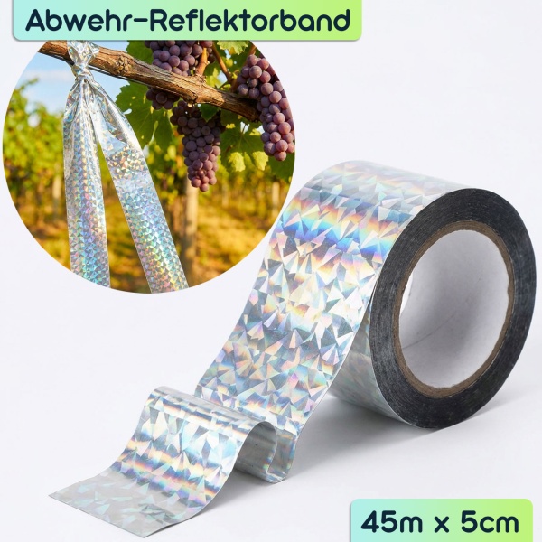 Vogelschutzband Reflektierend 45m x 5cm - Effektive Vogelabwehr durch Lichtreflexion und Bewegung - Chemiefreie Abwehrstreifen für Garten und Balkon