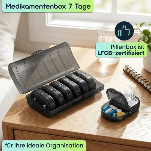 Medikamentenbox 7 Tage - Pillendose 7 Tage 2 Fächer Morgens Abends - Tablettenbox für eine Woche - Wochendosierer Medikamente - LFGB geprüft - Kompakt