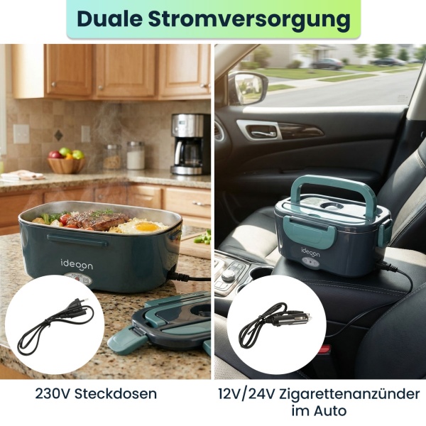 Elektrische Lunchbox 60W – 1,5L Edelstahl Speisenwärmer (12V/24V) & Steckdose – Inkl. Isoliertasche, Edelstahl-Besteck & 375ml Zusatzdose