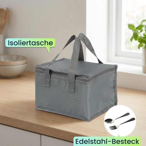 Elektrische Lunchbox 60W – 1,5L Edelstahl Speisenwärmer (12V/24V) & Steckdose – Inkl. Isoliertasche, Edelstahl-Besteck & 375ml Zusatzdose