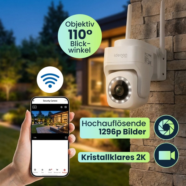 Outdoor Überwachungskamera 2K WLAN IP65 Wetterfest: 355 Grad Aussen-Kamera mit Personenerkennung, App, Nachtsicht & Intercom-System