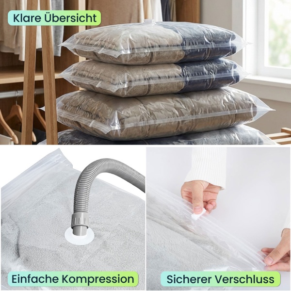 2er-Pack Premium Vakuumbeutel Set je 15 Stück in 5 Grössen für Kleidung & Bettwäsche – Wiederverwendbare Platzsparer für Reise & Schrank – Transparent