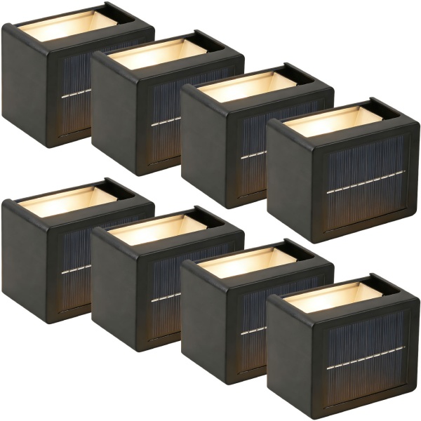 8er Set LED Solar Wandleuchte für Aussen: Warmweiss/Kaltweiss Garten-Lampe mit Akku & Sensor, IP44 Wasserfest, Deko Strahler für Zaun & Wand