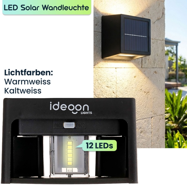 8er Set LED Solar Wandleuchte für Aussen: Warmweiss/Kaltweiss Garten-Lampe mit Akku & Sensor, IP44 Wasserfest, Deko Strahler für Zaun & Wand