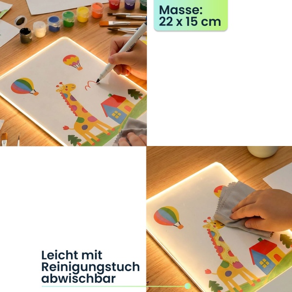 2er-Set Kreative LED Acryl Maltafel für Kinder: Kabellose DIY Lampe mit Akku & 7 Buntstifte – Das perfekte Leucht-Geschenk für kleine Künstler 22x15cm