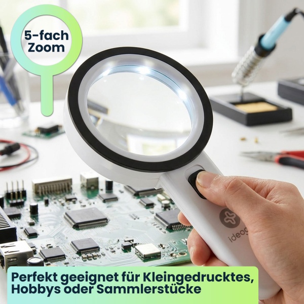 2er-Set LED Handlupe mit Beleuchtung, 5-fache Vergrösserung, 80mm Glas-Linse, 12 helle LEDs, Ergonomischer Griff mit Schalter, Leselupe für Senioren