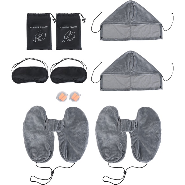 2er-Set Bequemes H-Form Reisekissen aufblasbar mit Kapuze, Nackenhörnchen-Set inkl. Augenmaske & Ohrstöpsel, ideal für Flugzeug & Auto, Grau, 35x32cm