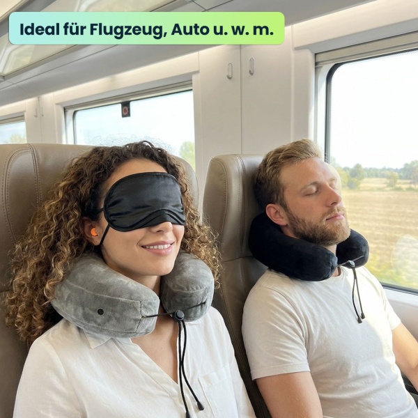 2er-Set Bequemes H-Form Reisekissen aufblasbar mit Kapuze, Nackenhörnchen-Set inkl. Augenmaske & Ohrstöpsel, ideal für Flugzeug & Auto, Grau, 35x32cm