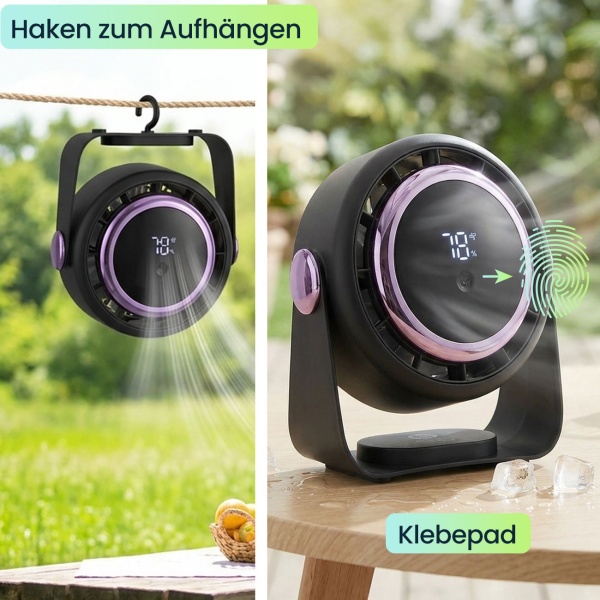 2er-Set Akku Ventilator mit Digitalanzeige: Tischventilator, 5 Stufen, USB-C, tragbares Gebläse mit Haken - ideal für Büro, Camping & Reisen