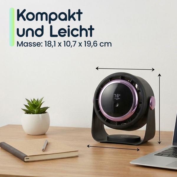 2er-Set Akku Ventilator mit Digitalanzeige: Tischventilator, 5 Stufen, USB-C, tragbares Gebläse mit Haken - ideal für Büro, Camping & Reisen