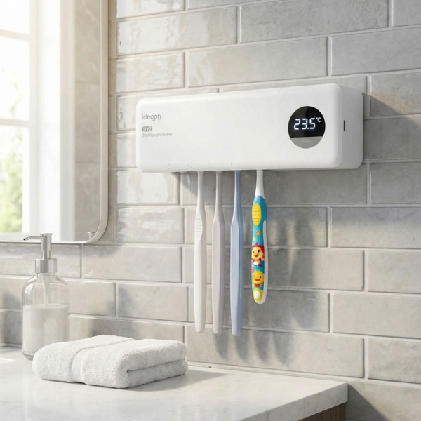 2er-Set UV Zahnbürstenhalter: Hygienischer Sterilisator für 4 Bürsten, Wandmontage ohne Bohren, USB-Akku, LCD & Trocknung, weiss, 22cm