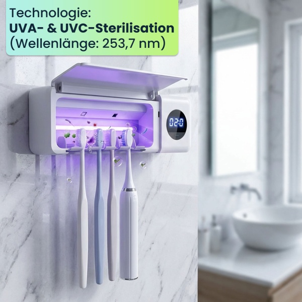 2er-Set UV Zahnbürstenhalter: Hygienischer Sterilisator für 4 Bürsten, Wandmontage ohne Bohren, USB-Akku, LCD & Trocknung, weiss, 22cm