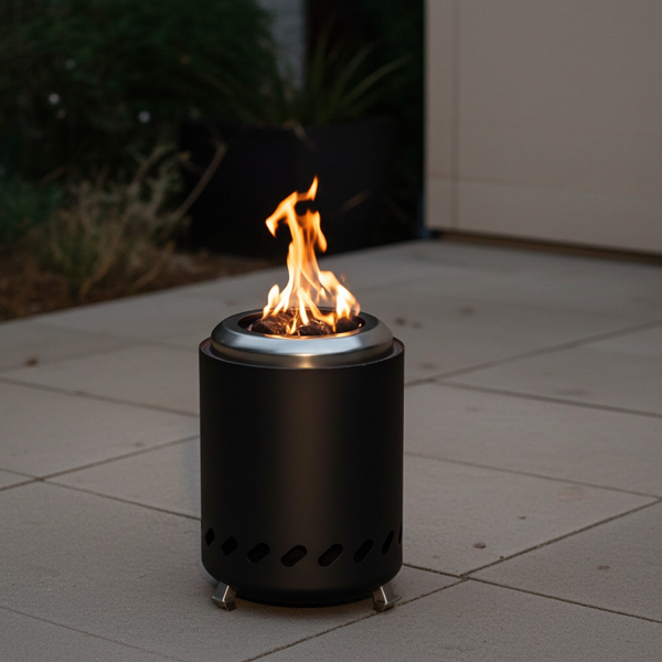 2er-Set Kompaktes Tischfeuer Edelstahl, Anthrazit - raucharm, Holzpellets/Feuerholz; Tischkamin fürs Balkon, Terrasse & Camping inkl. Tragetasche