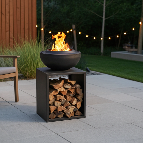 Hochwertige 2-in-1 Feuerschale mit Grillfunktion und Holzfach, raucharm - Luxus Outdoor Feuerstelle & Plancha Grill: Perfekt für Garten & Terrasse