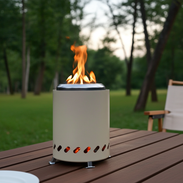 2er-Set Kompaktes Tischfeuer Edelstahl, Beige - raucharm, Holzpellets/Feuerholz; Tischkamin fürs Balkon, Terrasse & Camping inkl. Tragetasche