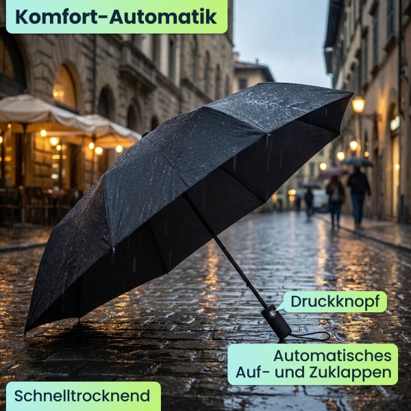 2er-Set Kompakter Automatik-Regenschirm in Schwarz - Ø 95cm - Windfester Taschenschirm mit Fiberglas-Rippen & Schutzhülle - Schnelltrocknend & Robust