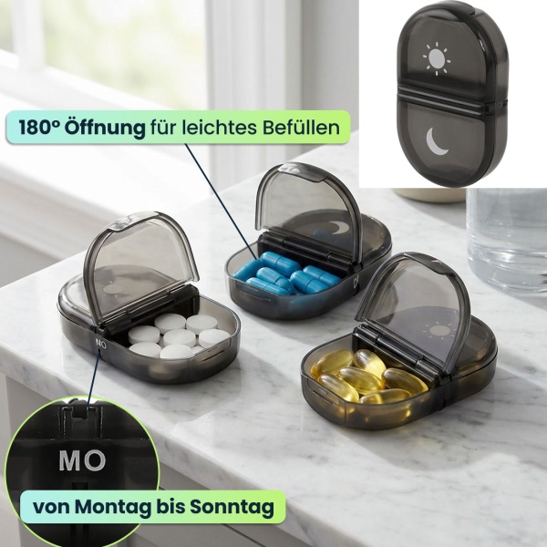 2er Set Medikamentenbox 7 Tage - Pillendose 7 Tage 2 Fächer Morgens Abends - Tablettenbox für eine Woche - Wochendosierer Medikamente - LFGB geprüft