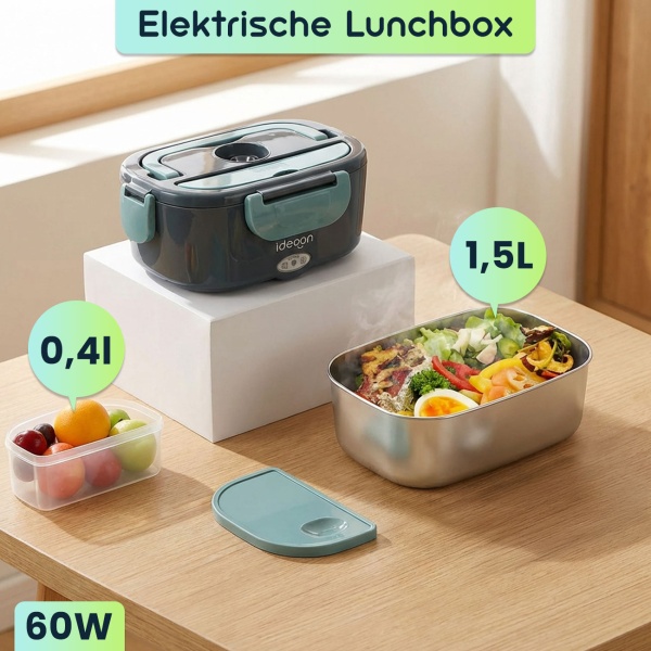 2er-Set Elektrische Lunchbox 60W – 1,5L Edelstahl Speisenwärmer (12V/24V) & Steckdose – Inkl. Isoliertasche, Edelstahl-Besteck & 375ml Zusatzdose