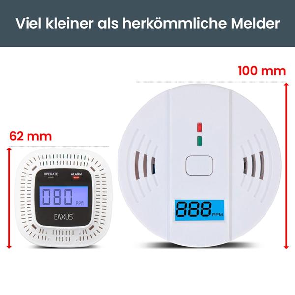 2er-Set Digitaler Kohlenmonoxid-Detektor, CO-Melder mit LCD-Anzeige, optischem & akustischem Warnsignal, DIN EN 50291 zertifiziert