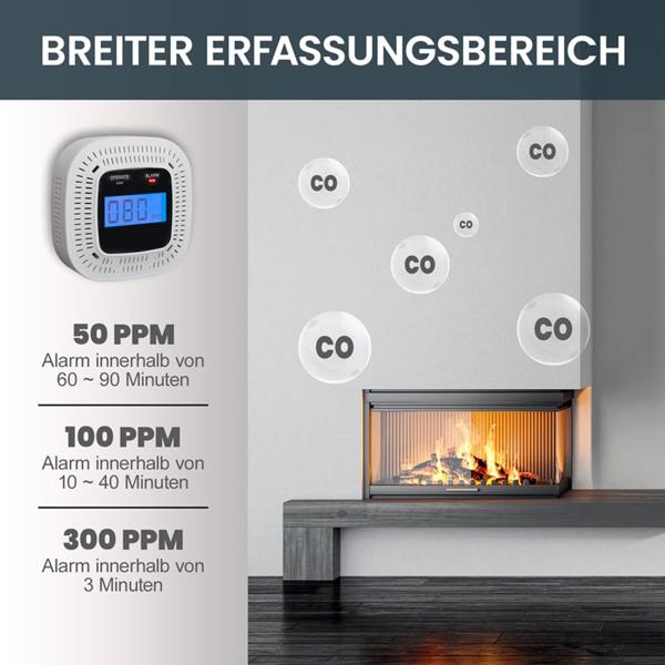 2er-Set Digitaler Kohlenmonoxid-Detektor, CO-Melder mit LCD-Anzeige, optischem & akustischem Warnsignal, DIN EN 50291 zertifiziert