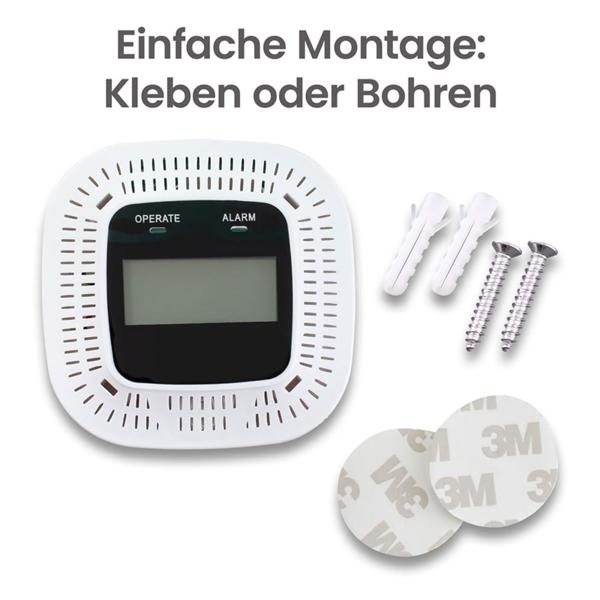 2er-Set Digitaler Kohlenmonoxid-Detektor, CO-Melder mit LCD-Anzeige, optischem & akustischem Warnsignal, DIN EN 50291 zertifiziert