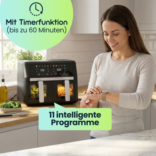 Doppelkorb Heissluftfritteuse 9L Dual Zone Air Fryer – 2x 4,5L Körbe mit Sichtfenster 2400W – LED Touch Display – XXL Heissluft Fritteuse Doppelkammer