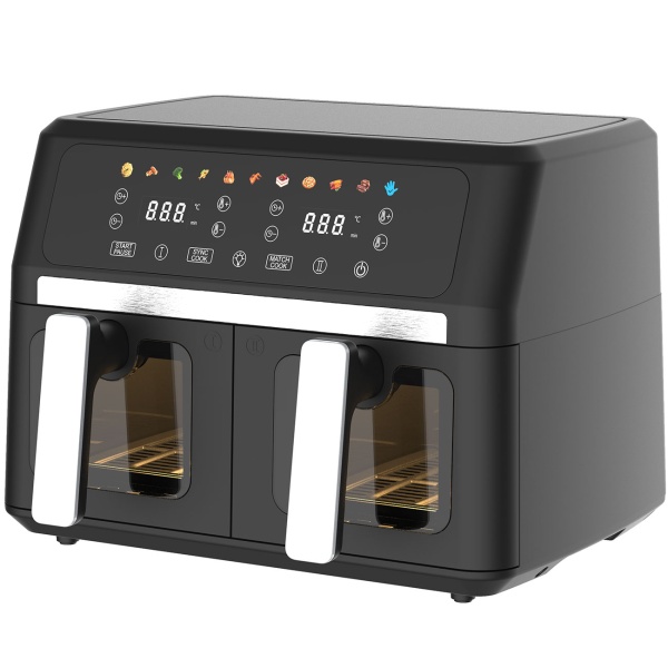 Doppelkorb Heissluftfritteuse 9L Dual Zone Air Fryer – 2x 4,5L Körbe mit Sichtfenster 2400W – LED Touch Display – XXL Heissluft Fritteuse Doppelkammer