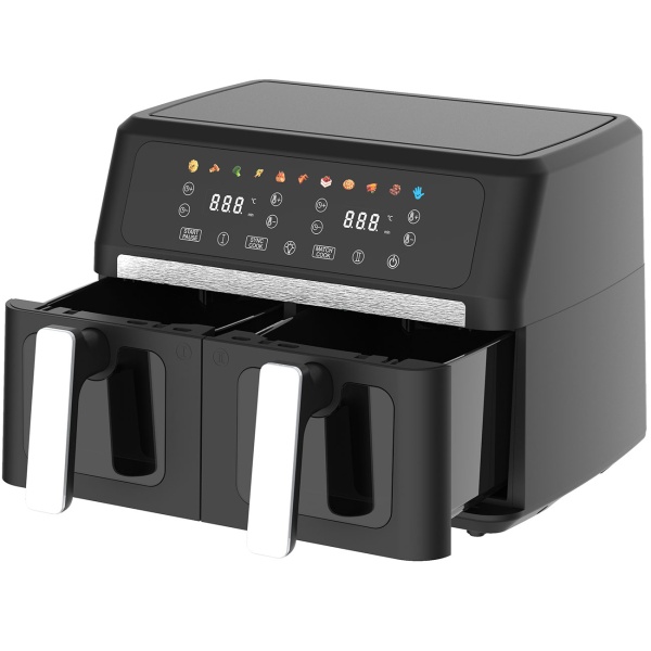 Doppelkorb Heissluftfritteuse 9L Dual Zone Air Fryer – 2x 4,5L Körbe mit Sichtfenster 2400W – LED Touch Display – XXL Heissluft Fritteuse Doppelkammer