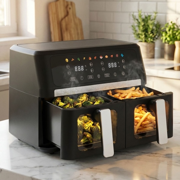 Doppelkorb Heissluftfritteuse 9L Dual Zone Air Fryer – 2x 4,5L Körbe mit Sichtfenster 2400W – LED Touch Display – XXL Heissluft Fritteuse Doppelkammer