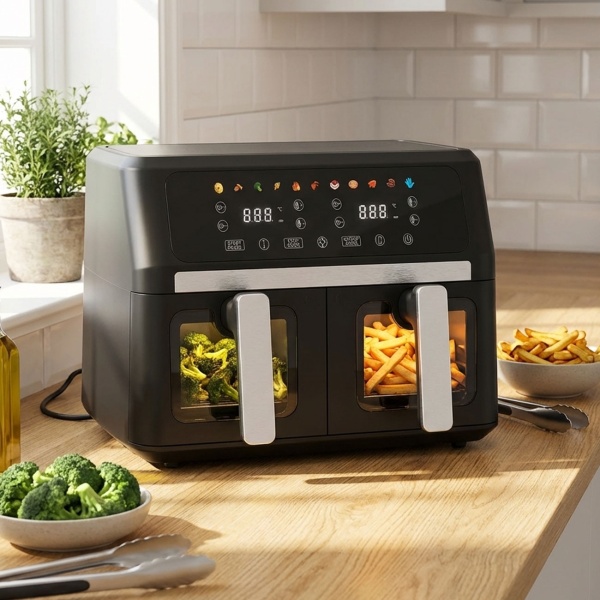 Doppelkorb Heissluftfritteuse 9L Dual Zone Air Fryer – 2x 4,5L Körbe mit Sichtfenster 2400W – LED Touch Display – XXL Heissluft Fritteuse Doppelkammer